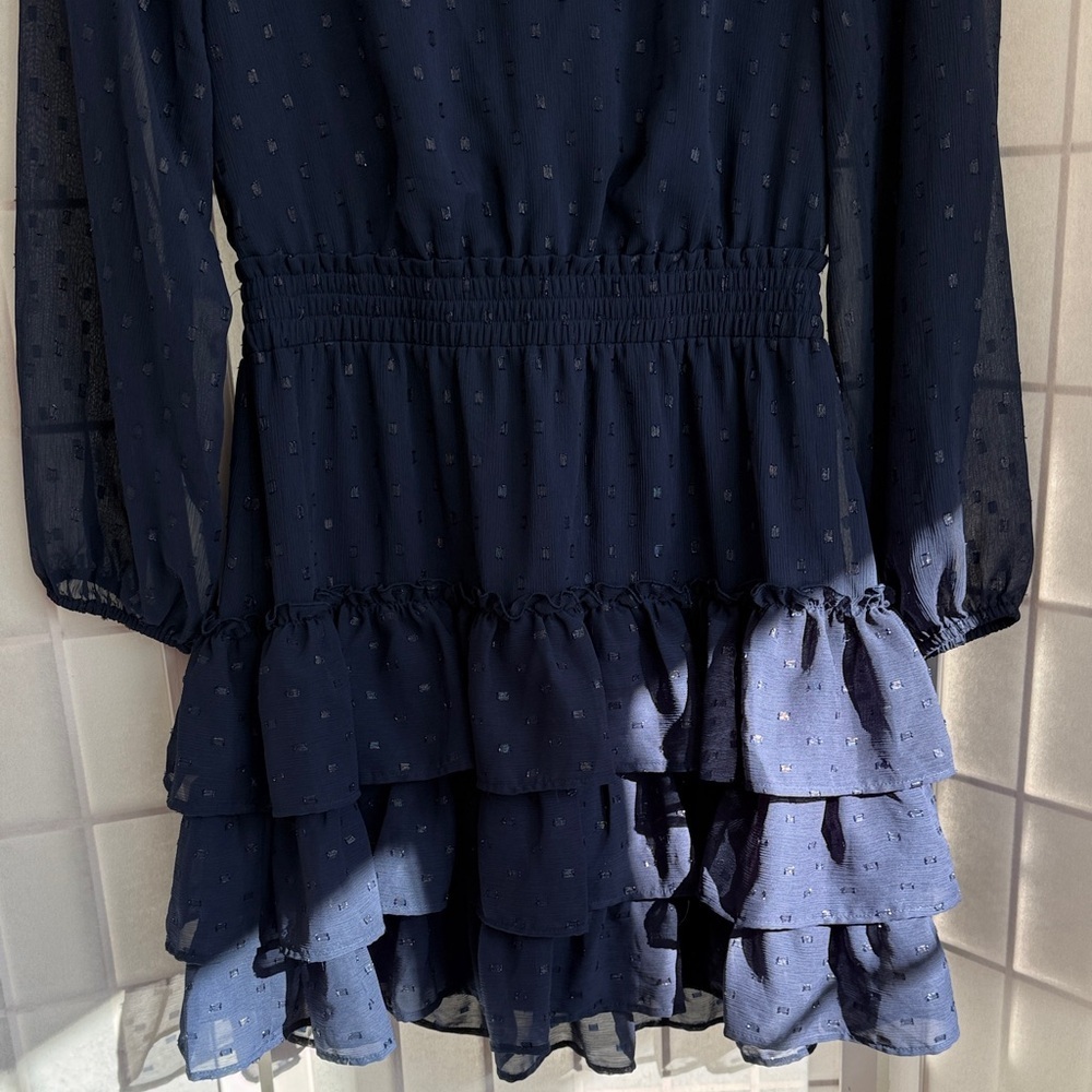 Express Clip Dot Tiered Smocked Waist Navy Dress - Picture 3 of 5